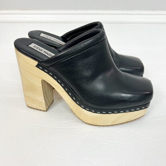 Steve Madden Alvara Leather Platform Clog Size 8.5 Black Chunky Women's - Picture 1 of 6